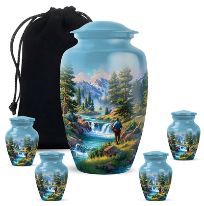 Indigo Fishing Cremation Urn top-down view of secure threaded lid - timeless fishing motif etched into premium metal - memorial set with one large and four small urns