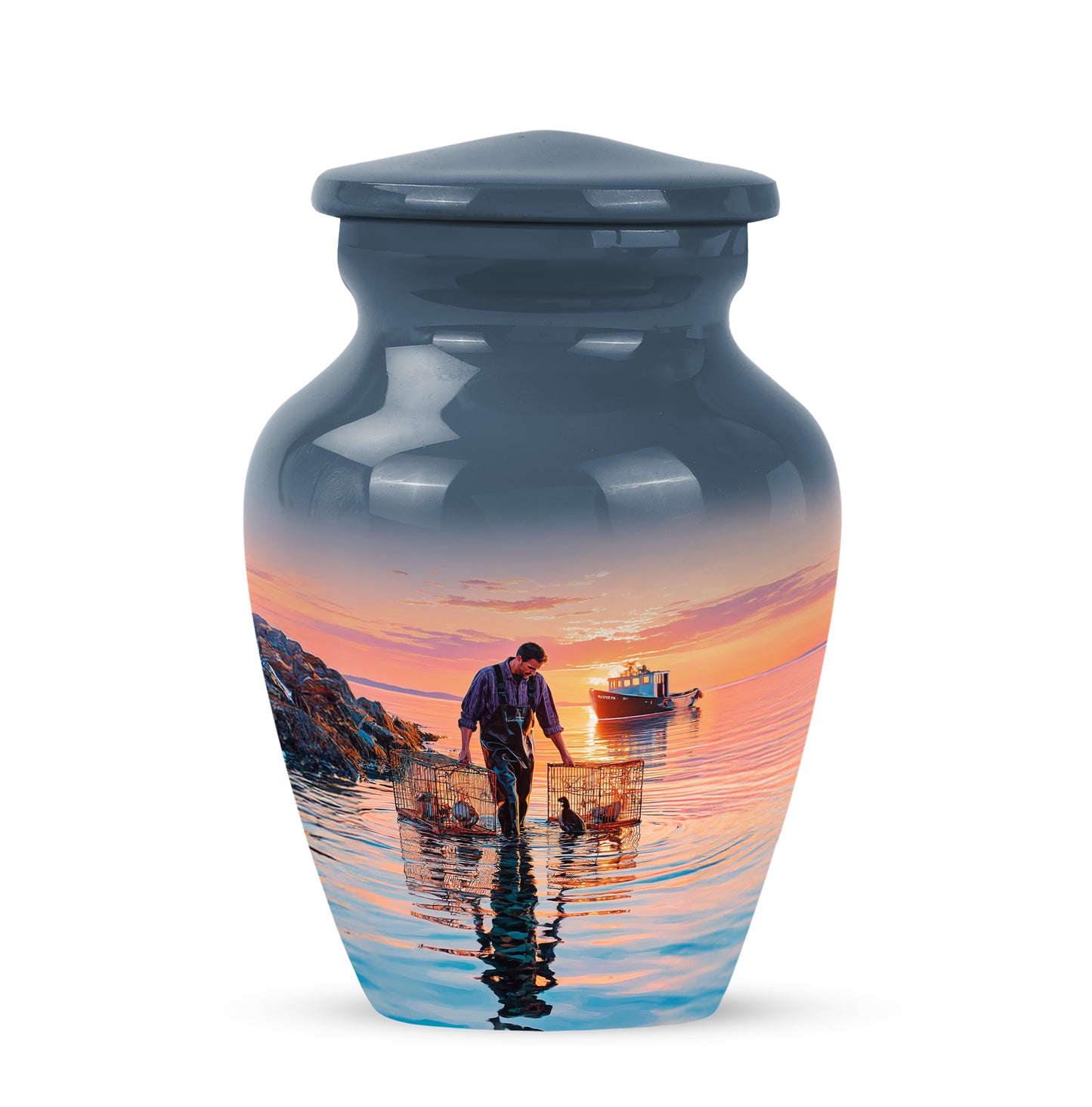 Distinguished Blue Fishing Cremation Urn for Ashes - 10-inch, 200 cu in - Yatskia