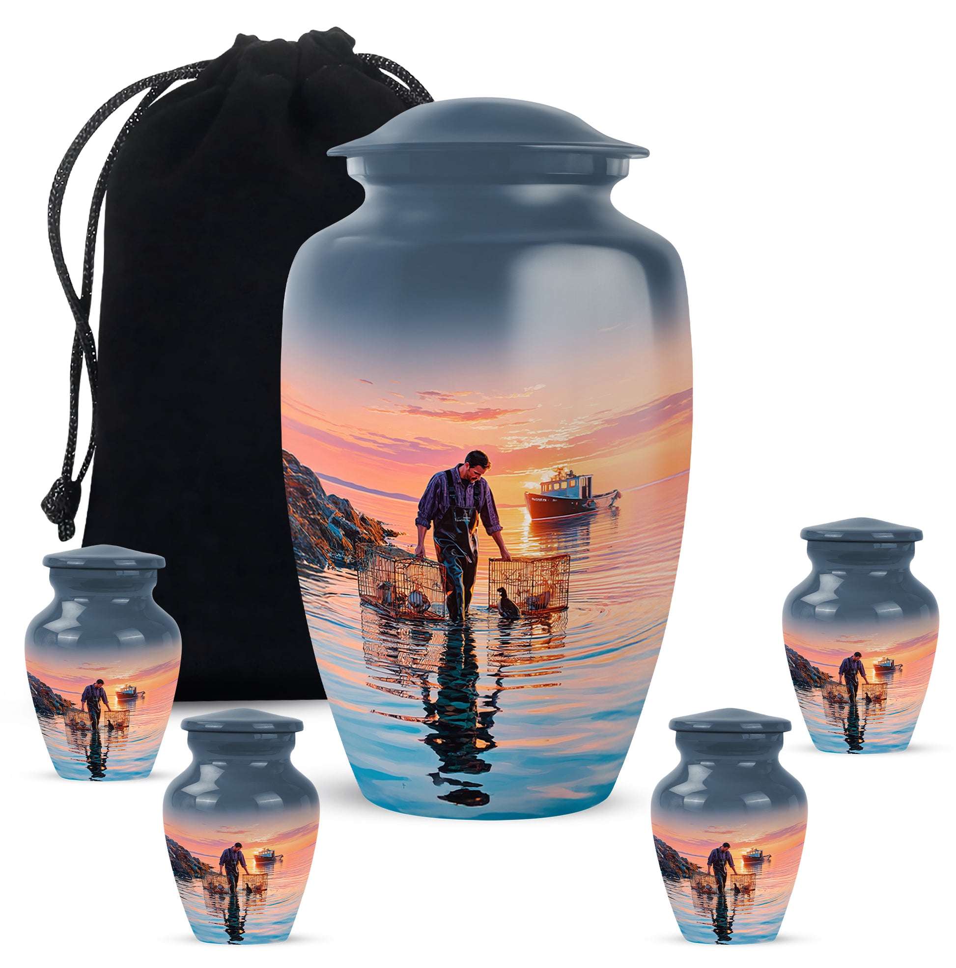 Cobalt Blue Fishing Cremation Urn top-down view of secure threaded lid - traditional fishing engraving with hand-polished finish - memorial set with one large and four small urns