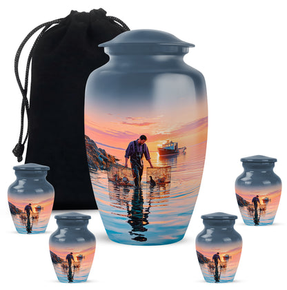 Cobalt Blue Fishing Cremation Urn top-down view of secure threaded lid - traditional fishing engraving with hand-polished finish - memorial set with one large and four small urns