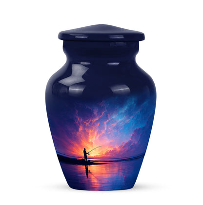 Graceful Blue Fishing Commemoration Urn for Human Ashes - 10-inch, 200 cu in - Yatskia