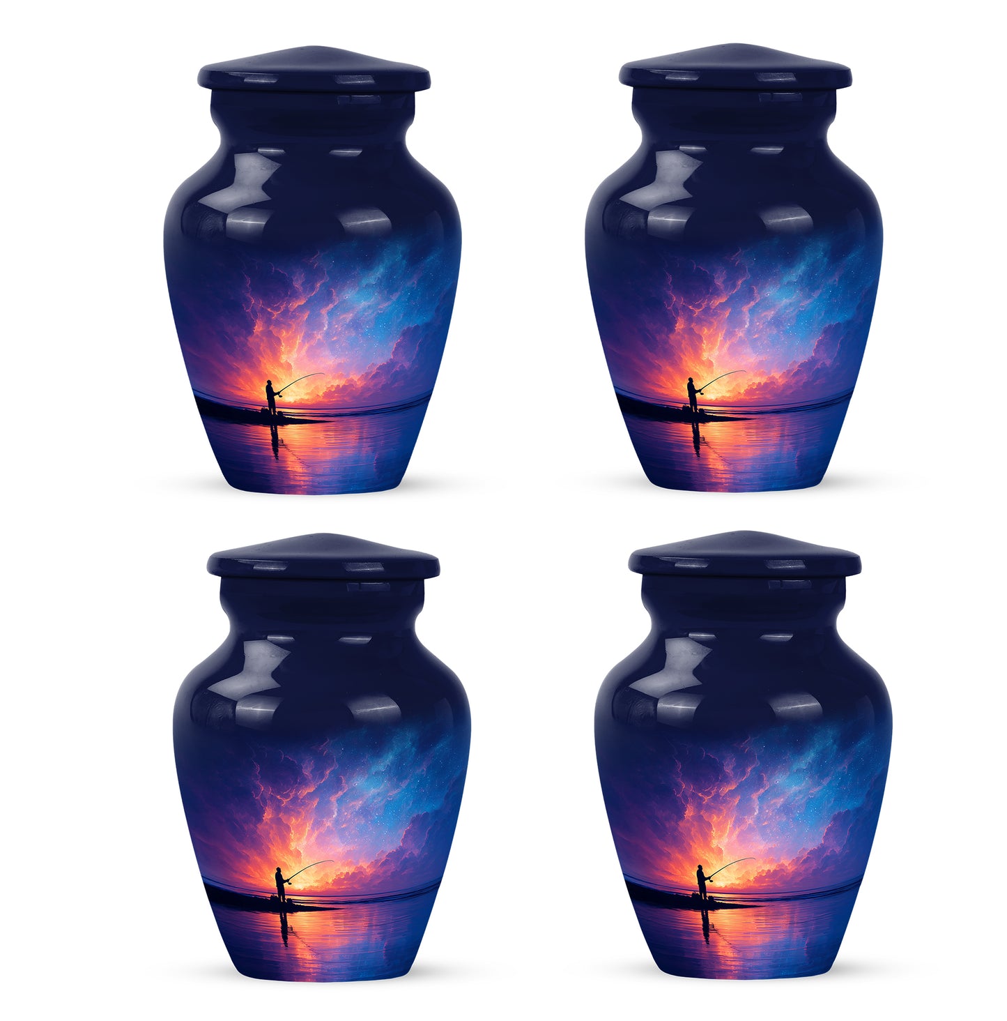 Dusty Blue Fishing Cremation Urn side profile showing urn shape - classic sculpted fishing pattern on smooth aluminum - 10 inch aluminum urn for cremated remains