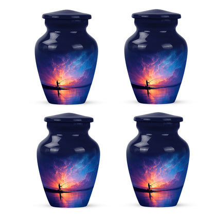Dusty Blue Fishing Cremation Urn side profile showing urn shape - classic sculpted fishing pattern on smooth aluminum - 10 inch aluminum urn for cremated remains