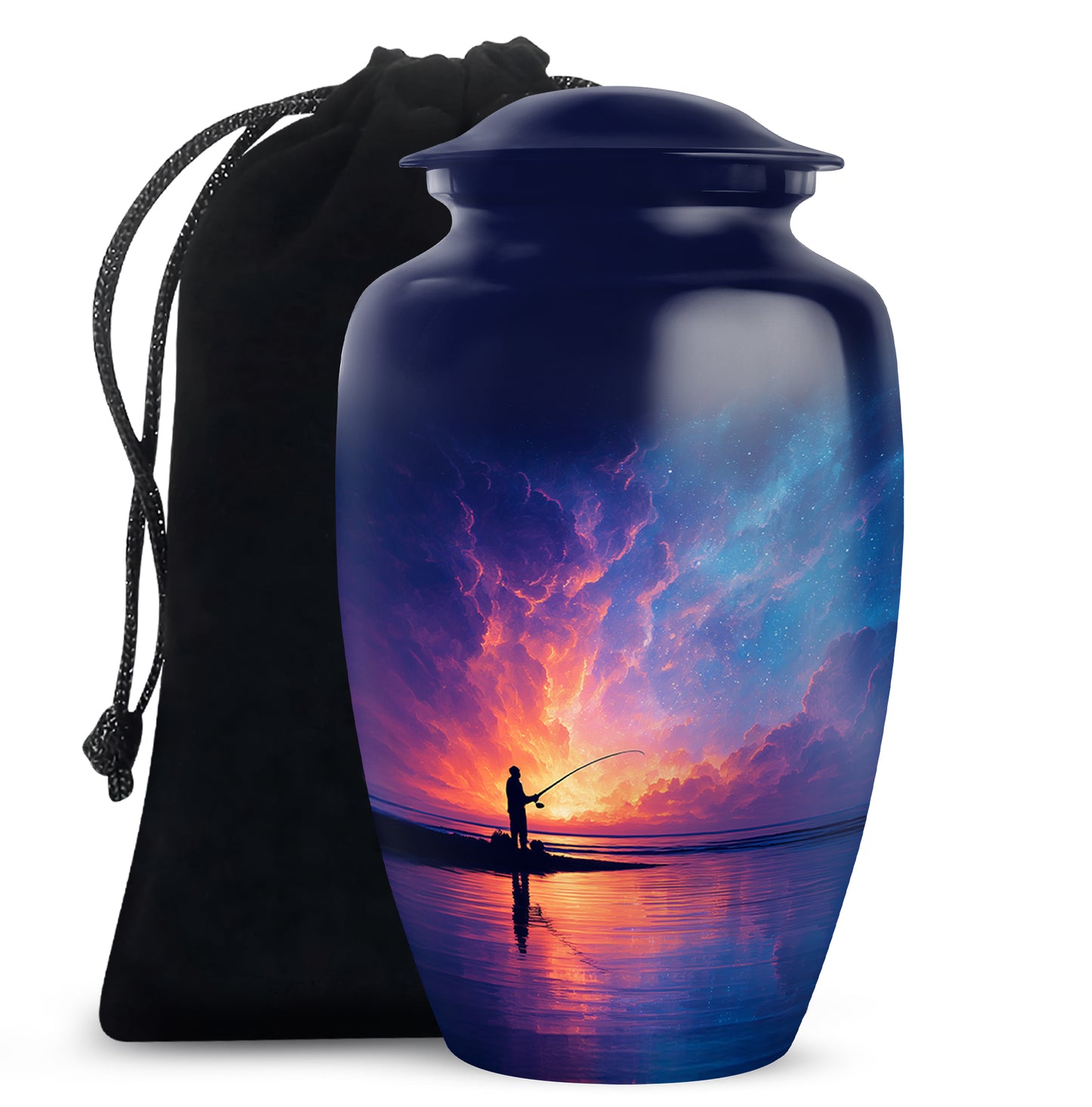 Navy Blue Fishing Cremation Urn angled view of lid and engraved motif - timeless fishing motif etched into premium metal - full-size 10 inch 200 cubic inch adult cremation urn