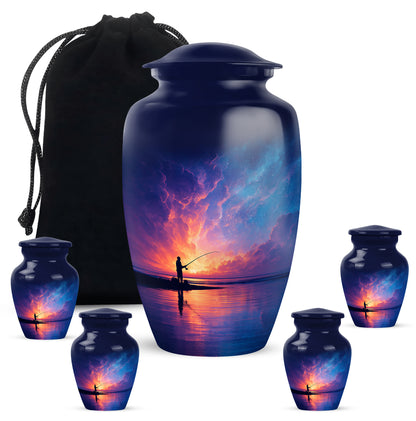 Azure Fishing Cremation Urn top-down view of secure threaded lid - classic sculpted fishing pattern on smooth aluminum - memorial set with one large and four small urns
