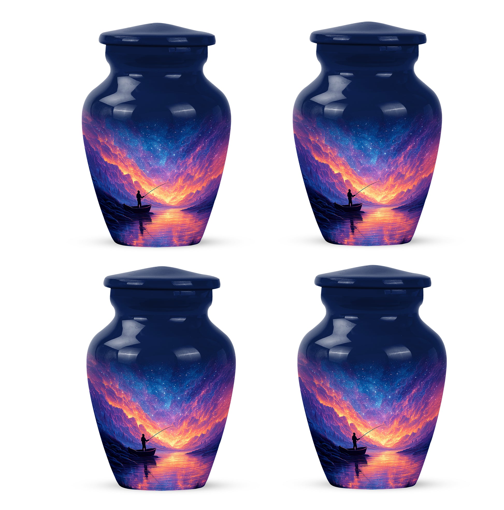 Indigo Fishing Cremation Urn side profile showing urn shape - classic sculpted fishing pattern on smooth aluminum - 10 inch aluminum urn for cremated remains