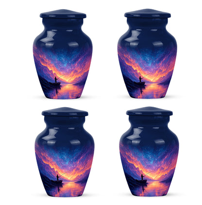 Indigo Fishing Cremation Urn side profile showing urn shape - classic sculpted fishing pattern on smooth aluminum - 10 inch aluminum urn for cremated remains
