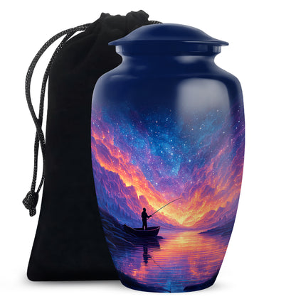 Cobalt Blue Fishing Cremation Urn angled view of lid and engraved motif - traditional fishing engraving with hand-polished finish - full-size 10 inch 200 cubic inch adult cremation urn