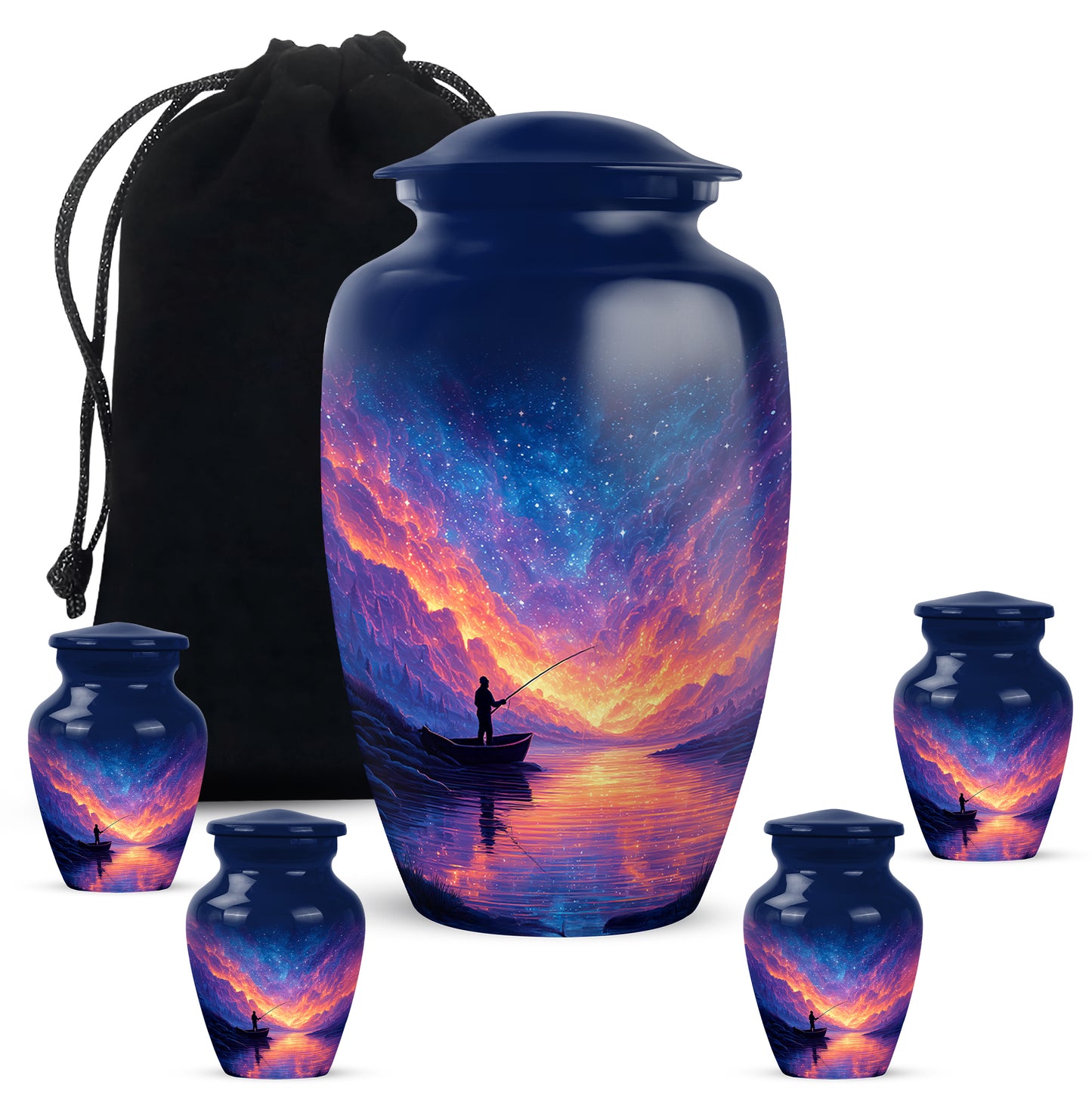 Twilight Blue Fishing Cremation Urn top-down view of secure threaded lid - elegant classic fishing relief with fine detailing - memorial set with one large and four small urns