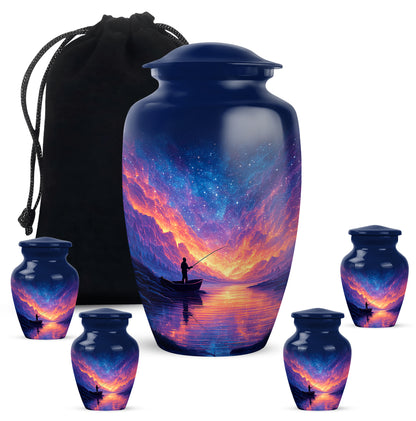 Twilight Blue Fishing Cremation Urn top-down view of secure threaded lid - elegant classic fishing relief with fine detailing - memorial set with one large and four small urns