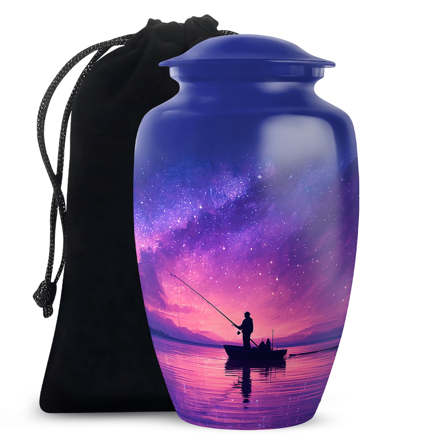 Indigo Fishing Cremation Urn angled view of lid and engraved motif - timeless fishing motif etched into premium metal - full-size 10 inch 200 cubic inch adult cremation urn