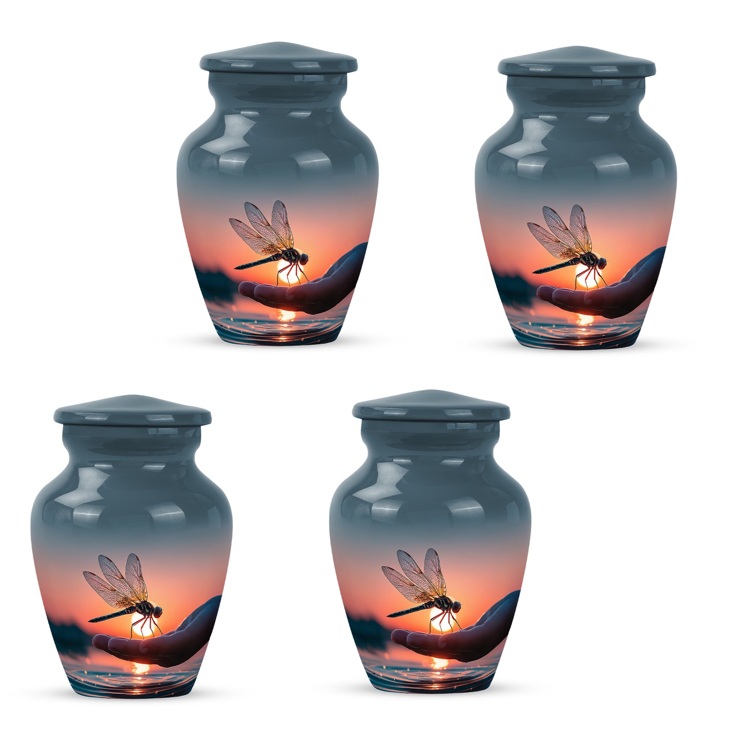 Cornflower Blue Dragonfly Cremation Urn side profile showing urn shape - elegant classic dragonfly relief with fine detailing - 10 inch aluminum urn for cremated remains