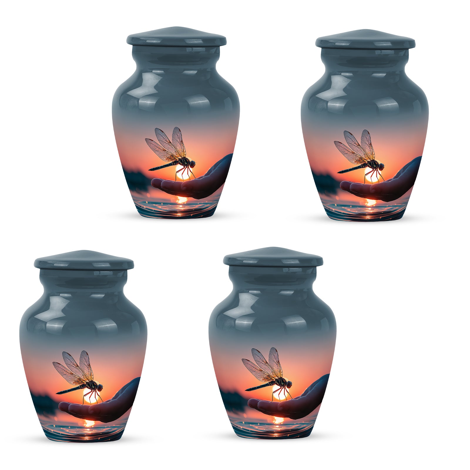 Cornflower Blue Dragonfly Cremation Urn side profile showing urn shape - elegant classic dragonfly relief with fine detailing - 10 inch aluminum urn for cremated remains