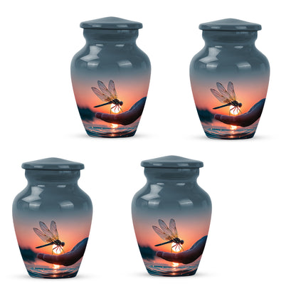 Cornflower Blue Dragonfly Cremation Urn side profile showing urn shape - elegant classic dragonfly relief with fine detailing - 10 inch aluminum urn for cremated remains
