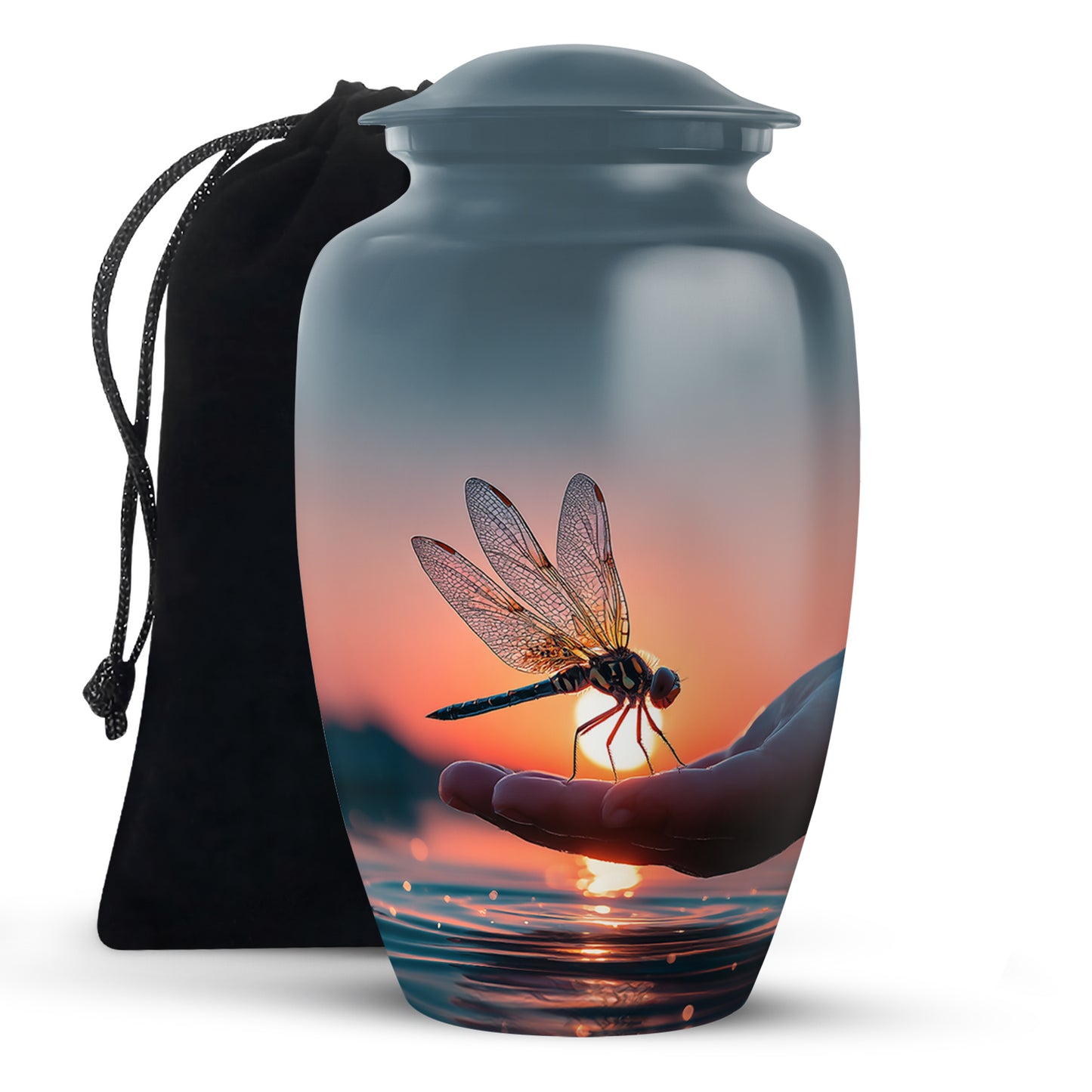 Cornflower Blue Dragonfly Cremation Urn angled view of lid and engraved motif - elegant classic dragonfly relief with fine detailing - full-size 10 inch 200 cubic inch adult cremation urn