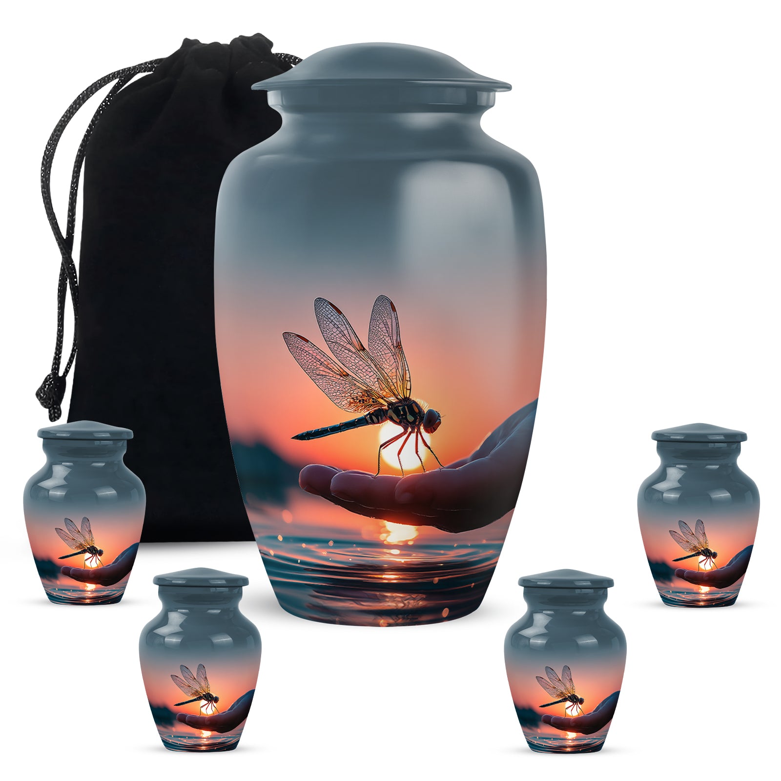Celestial Blue Dragonfly Cremation Urn top-down view of secure threaded lid - classic sculpted dragonfly pattern on smooth aluminum - memorial set with one large and four small urns