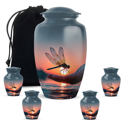 Celestial Blue Dragonfly Cremation Urn top-down view of secure threaded lid - classic sculpted dragonfly pattern on smooth aluminum - memorial set with one large and four small urns
