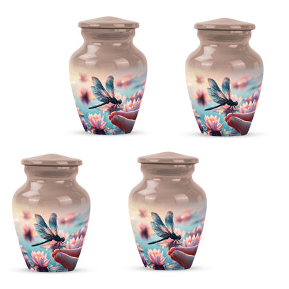 Burnished Gold Dragonfly Cremation Urn side profile showing urn shape - elegant classic dragonfly relief with fine detailing - 10 inch aluminum urn for cremated remains