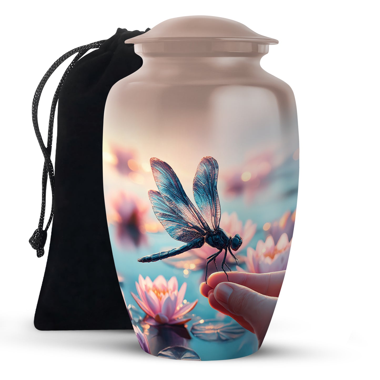 Sunrise Gold Dragonfly Cremation Urn angled view of lid and engraved motif - timeless dragonfly motif etched into premium metal - full-size 10 inch 200 cubic inch adult cremation urn