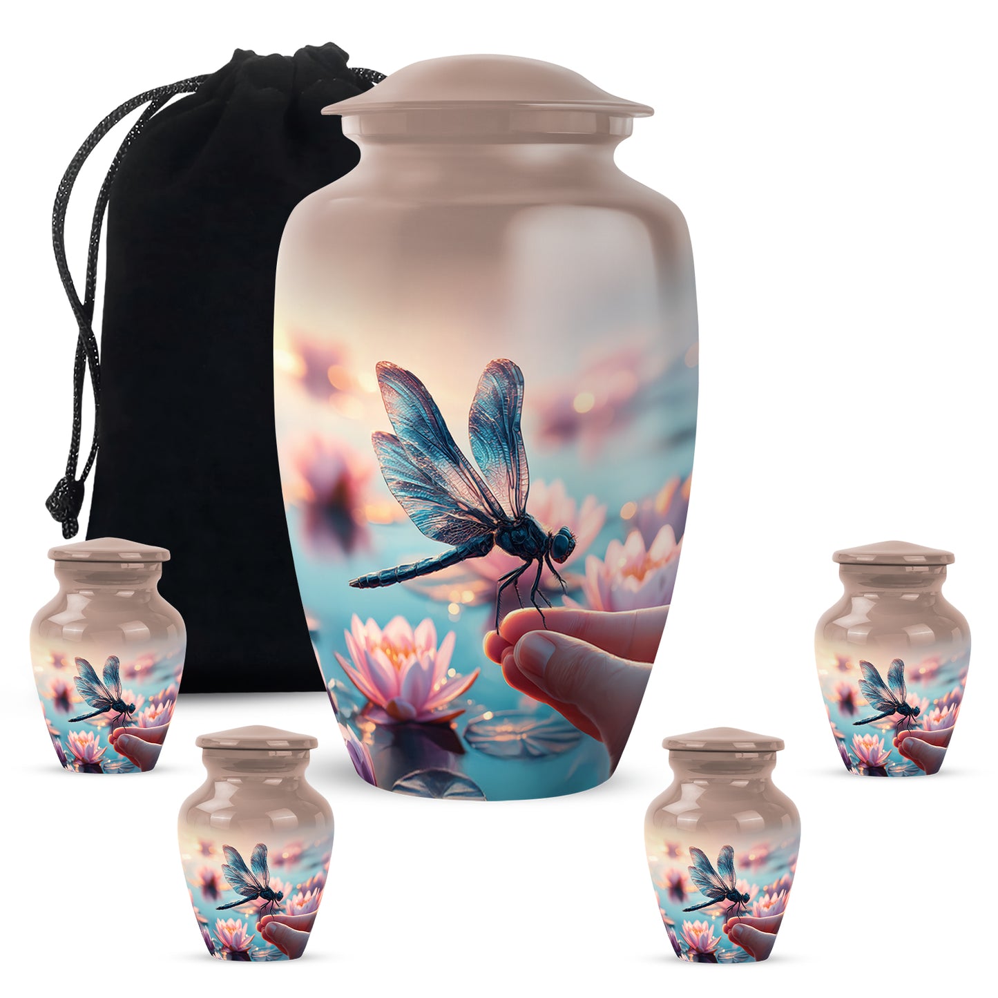 Amber Gold Dragonfly Cremation Urn top-down view of secure threaded lid - classic sculpted dragonfly pattern on smooth aluminum - memorial set with one large and four small urns