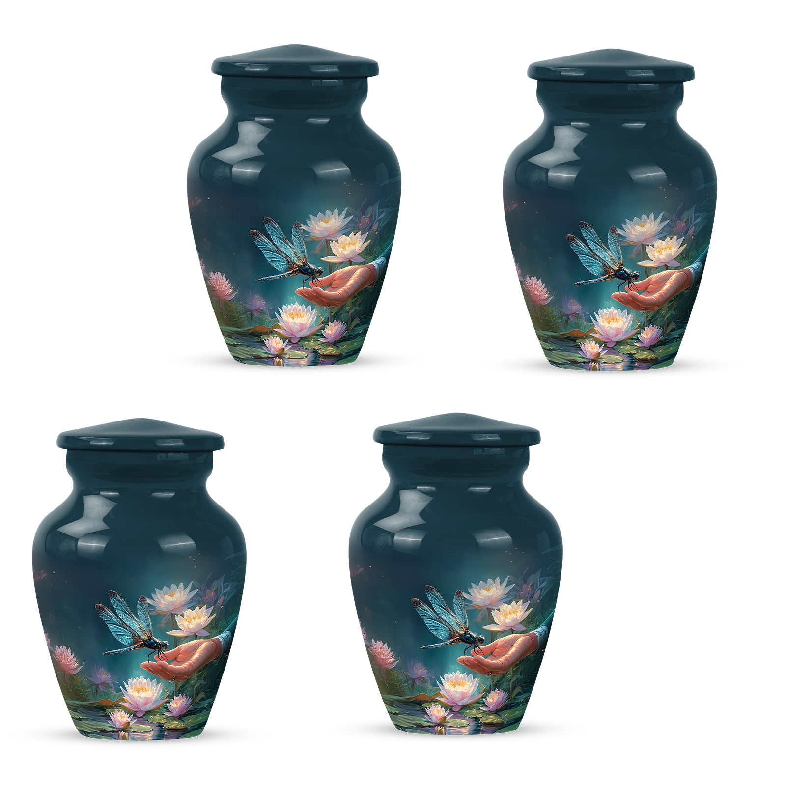 Twilight Blue Dragonfly Cremation Urn side profile showing urn shape - traditional dragonfly engraving with hand-polished finish - 10 inch aluminum urn for cremated remains