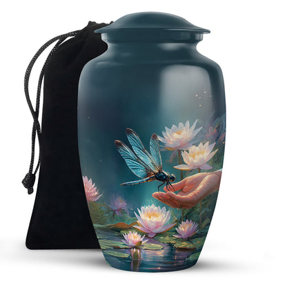 Sky Blue Dragonfly Cremation Urn angled view of lid and engraved motif - timeless dragonfly motif etched into premium metal - full-size 10 inch 200 cubic inch adult cremation urn