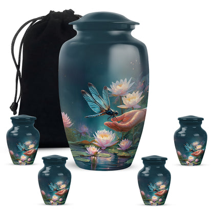 Powder Blue Dragonfly Cremation Urn top-down view of secure threaded lid - classic sculpted dragonfly pattern on smooth aluminum - memorial set with one large and four small urns