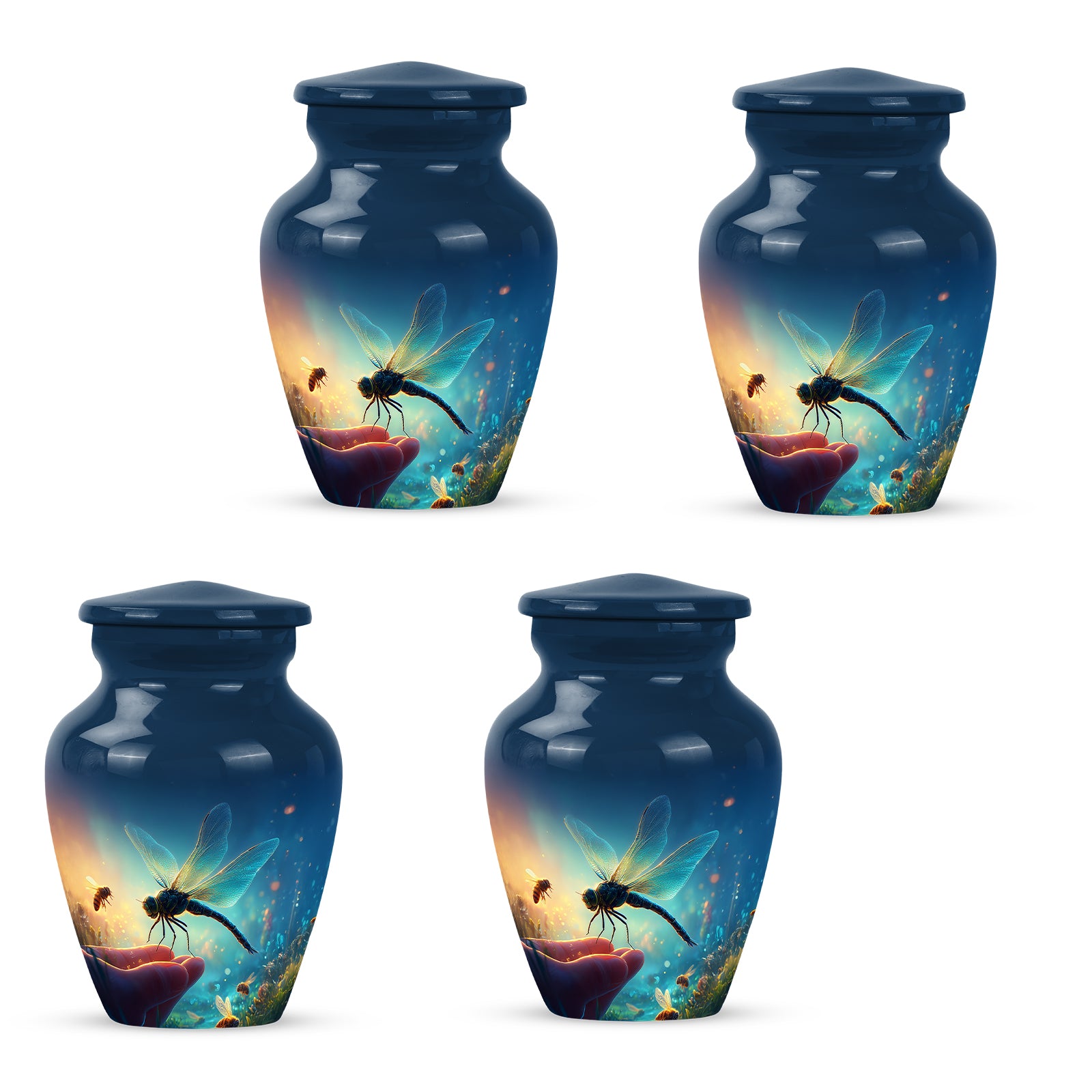 Cornflower Blue Dragonfly Cremation Urn side profile showing urn shape - traditional dragonfly engraving with hand-polished finish - 10 inch aluminum urn for cremated remains