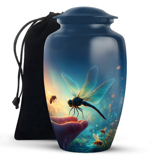 Dusty Blue Dragonfly Cremation Urn angled view of lid and engraved motif - classic sculpted dragonfly pattern on smooth aluminum - full-size 10 inch 200 cubic inch adult cremation urn