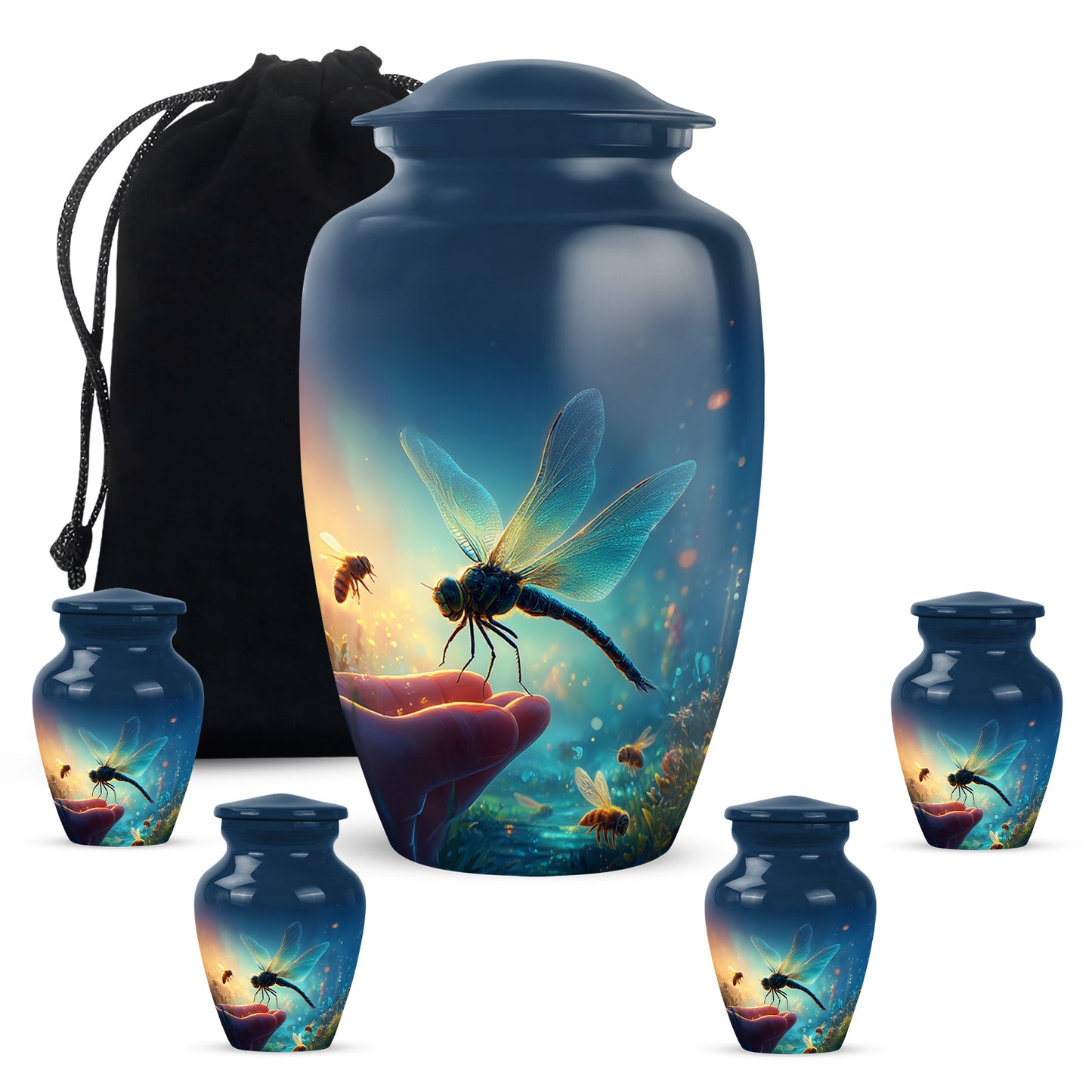 Celestial Blue Dragonfly Cremation Urn top-down view of secure threaded lid - classic sculpted dragonfly pattern on smooth aluminum - memorial set with one large and four small urns