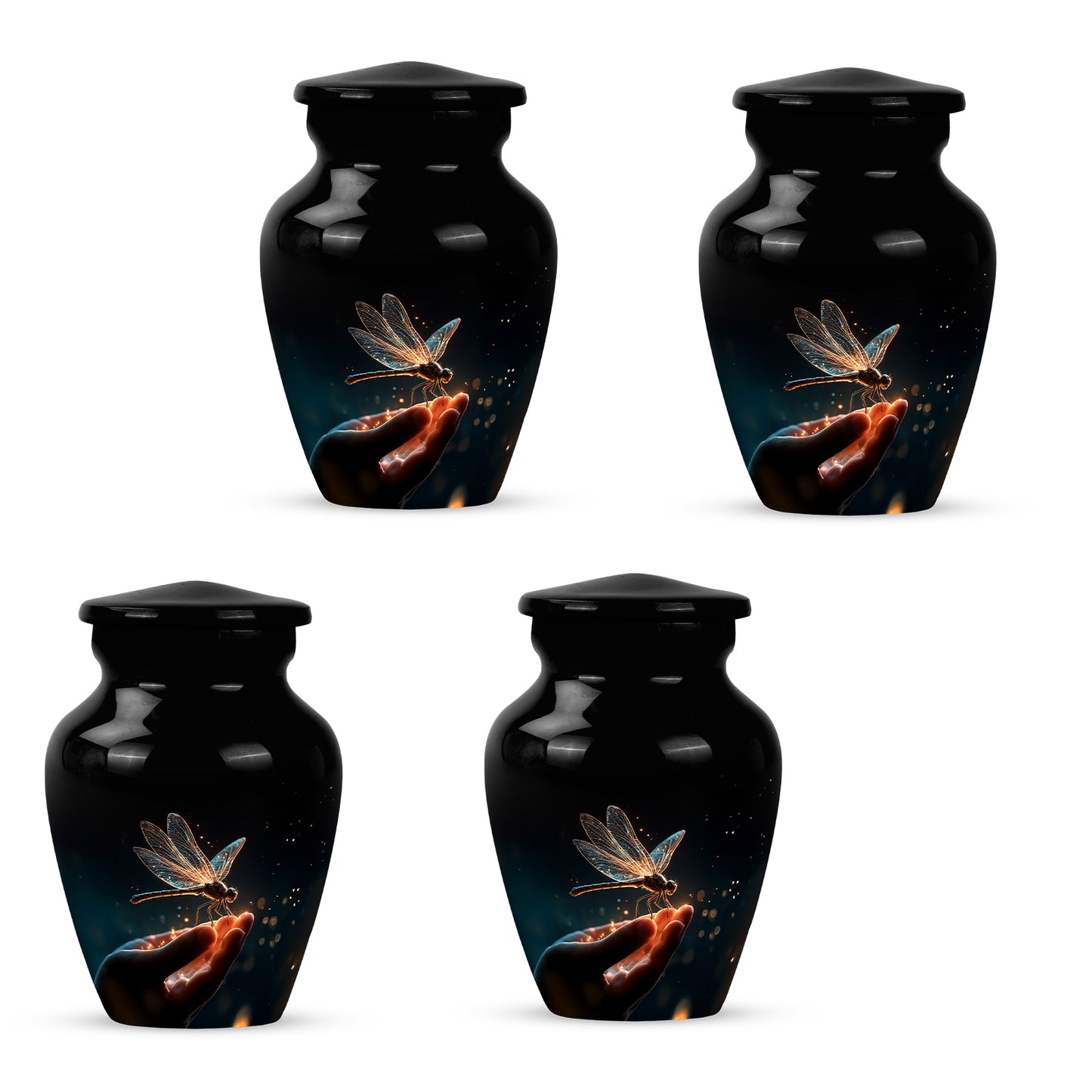 Onyx Black Dragonfly Cremation Urn side profile showing urn shape - traditional dragonfly engraving with hand-polished finish - 10 inch aluminum urn for cremated remains