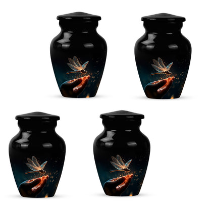 Onyx Black Dragonfly Cremation Urn side profile showing urn shape - traditional dragonfly engraving with hand-polished finish - 10 inch aluminum urn for cremated remains