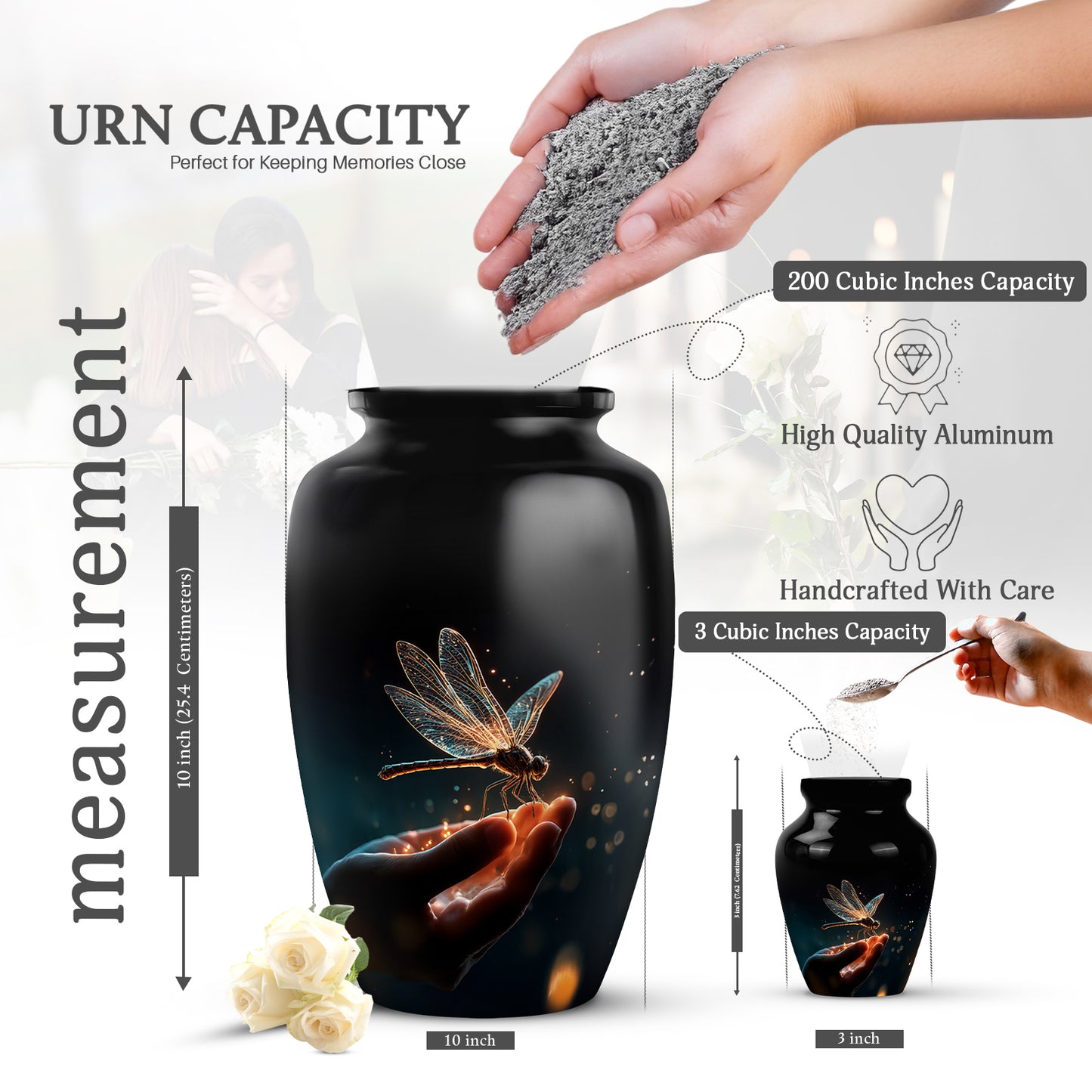 Jet Black Dragonfly Cremation Urn close-up of engraving and surface detail - timeless dragonfly motif etched into premium metal - mini keepsake memorial for portion of cremation ashes
