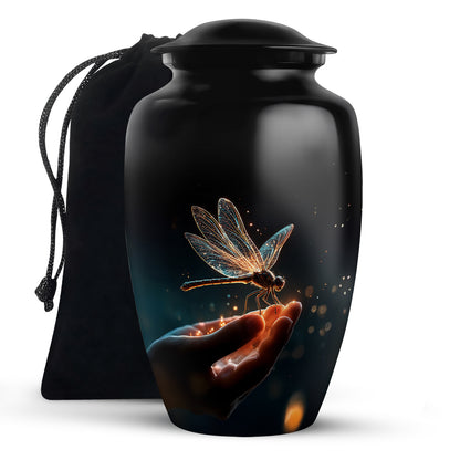 Glossy Black Dragonfly Cremation Urn angled view of lid and engraved motif - classic sculpted dragonfly pattern on smooth aluminum - full-size 10 inch 200 cubic inch adult cremation urn