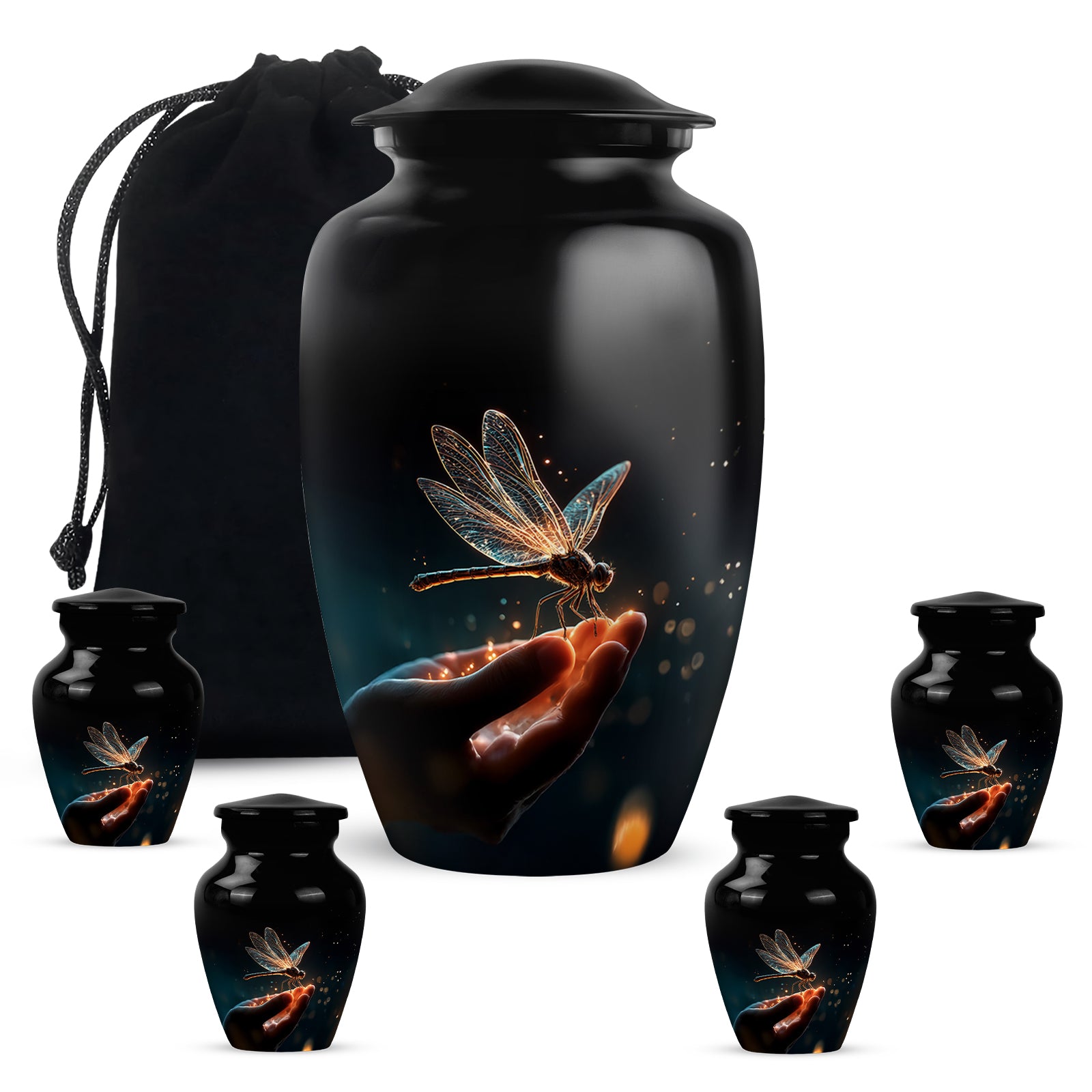 Jet Black Dragonfly Cremation Urn top-down view of secure threaded lid - timeless dragonfly motif etched into premium metal - memorial set with one large and four small urns