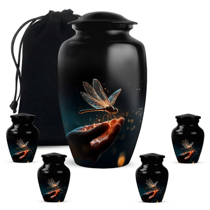 Jet Black Dragonfly Cremation Urn top-down view of secure threaded lid - timeless dragonfly motif etched into premium metal - memorial set with one large and four small urns