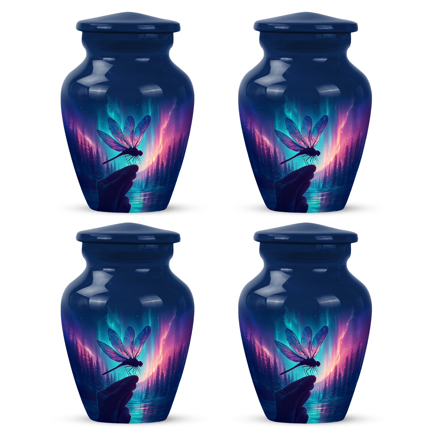 Cobalt Blue Dragonfly Cremation Urn side profile showing urn shape - traditional dragonfly engraving with hand-polished finish - 10 inch aluminum urn for cremated remains