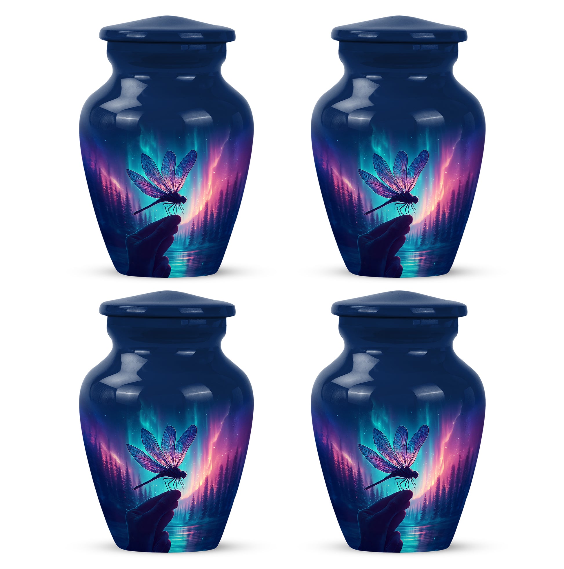 Cobalt Blue Dragonfly Cremation Urn side profile showing urn shape - traditional dragonfly engraving with hand-polished finish - 10 inch aluminum urn for cremated remains