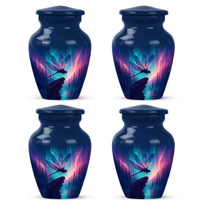 Cobalt Blue Dragonfly Cremation Urn side profile showing urn shape - traditional dragonfly engraving with hand-polished finish - 10 inch aluminum urn for cremated remains