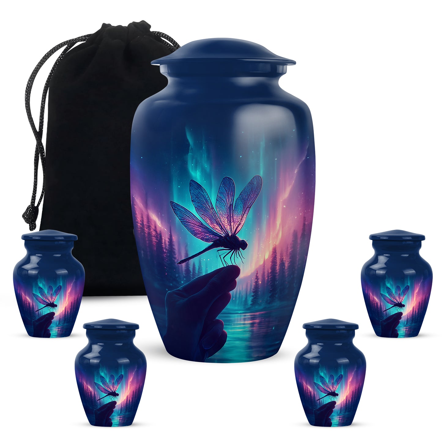 Cobalt Blue Dragonfly Cremation Urn top-down view of secure threaded lid - elegant classic dragonfly relief with fine detailing - memorial set with one large and four small urns