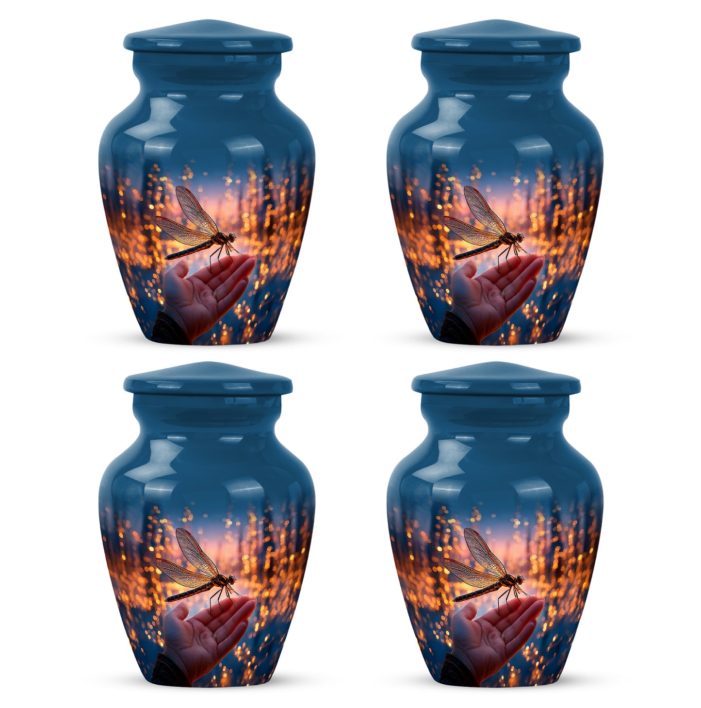 Powder Blue Dragonfly Cremation Urn side profile showing urn shape - classic sculpted dragonfly pattern on smooth aluminum - 10 inch aluminum urn for cremated remains