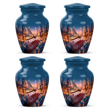 Powder Blue Dragonfly Cremation Urn side profile showing urn shape - classic sculpted dragonfly pattern on smooth aluminum - 10 inch aluminum urn for cremated remains