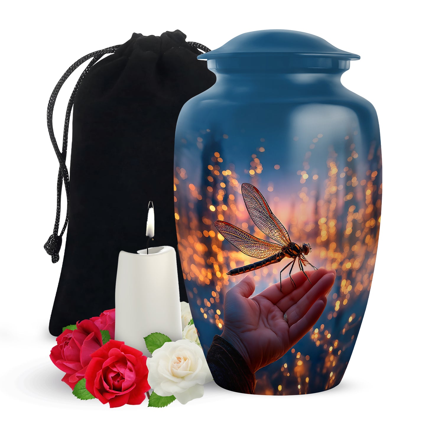 Calming Blue Dragonfly Cremation Urn angled view of lid and engraved motif - traditional dragonfly engraving with hand-polished finish - full-size 10 inch 200 cubic inch adult cremation urn