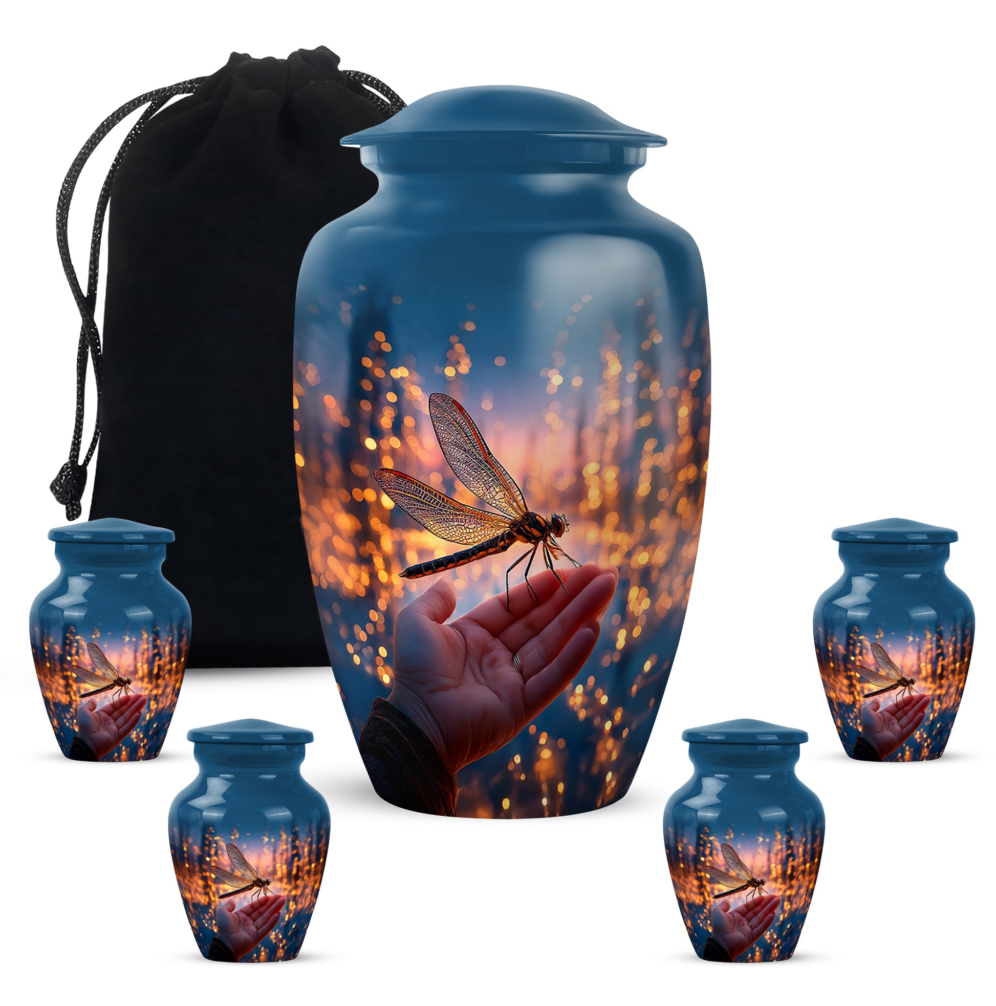 Twilight Blue Dragonfly Cremation Urn top-down view of secure threaded lid - traditional dragonfly engraving with hand-polished finish - memorial set with one large and four small urns