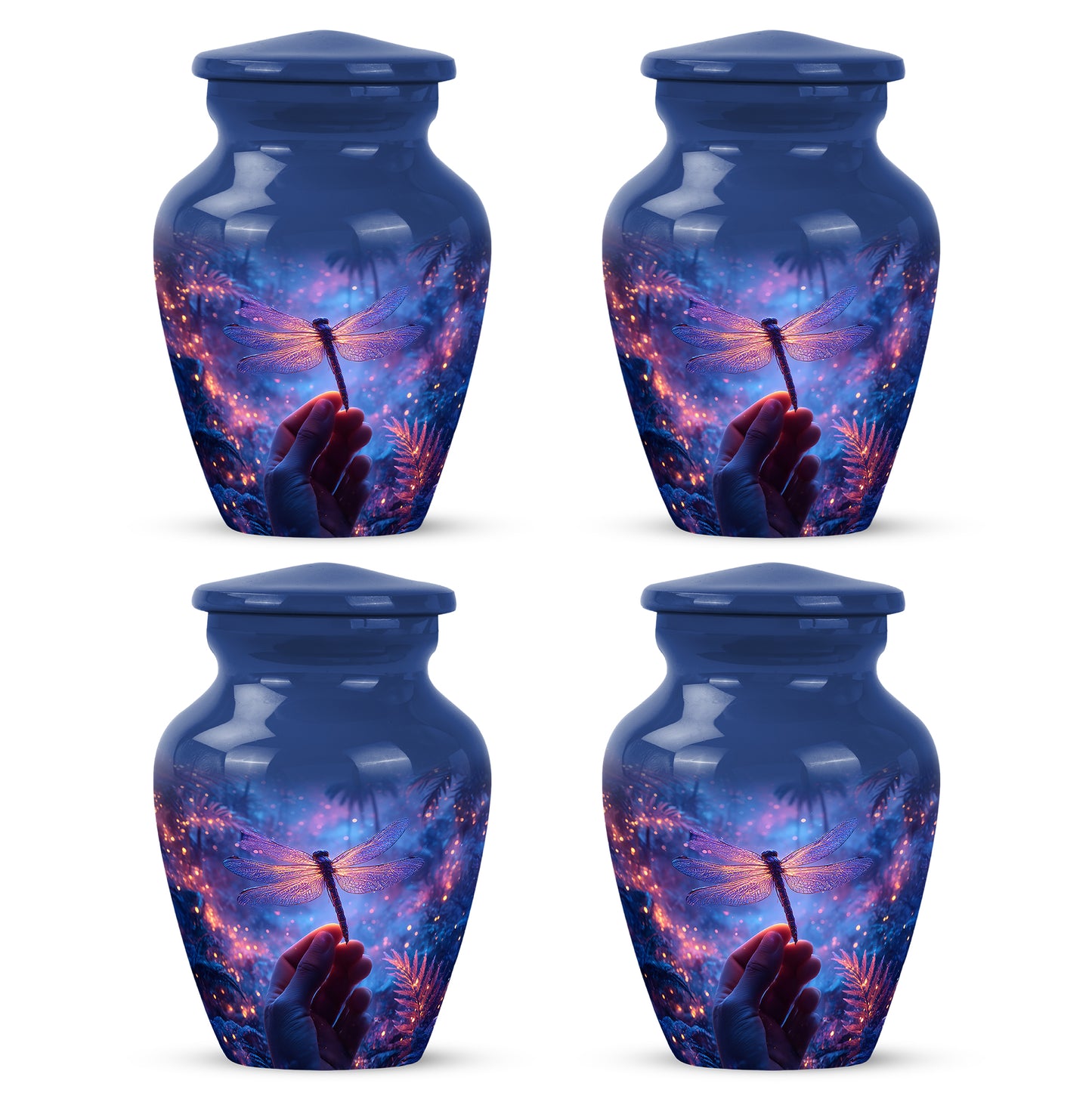 Cobalt Blue Dragonfly Cremation Urn side profile showing urn shape - traditional dragonfly engraving with hand-polished finish - 10 inch aluminum urn for cremated remains