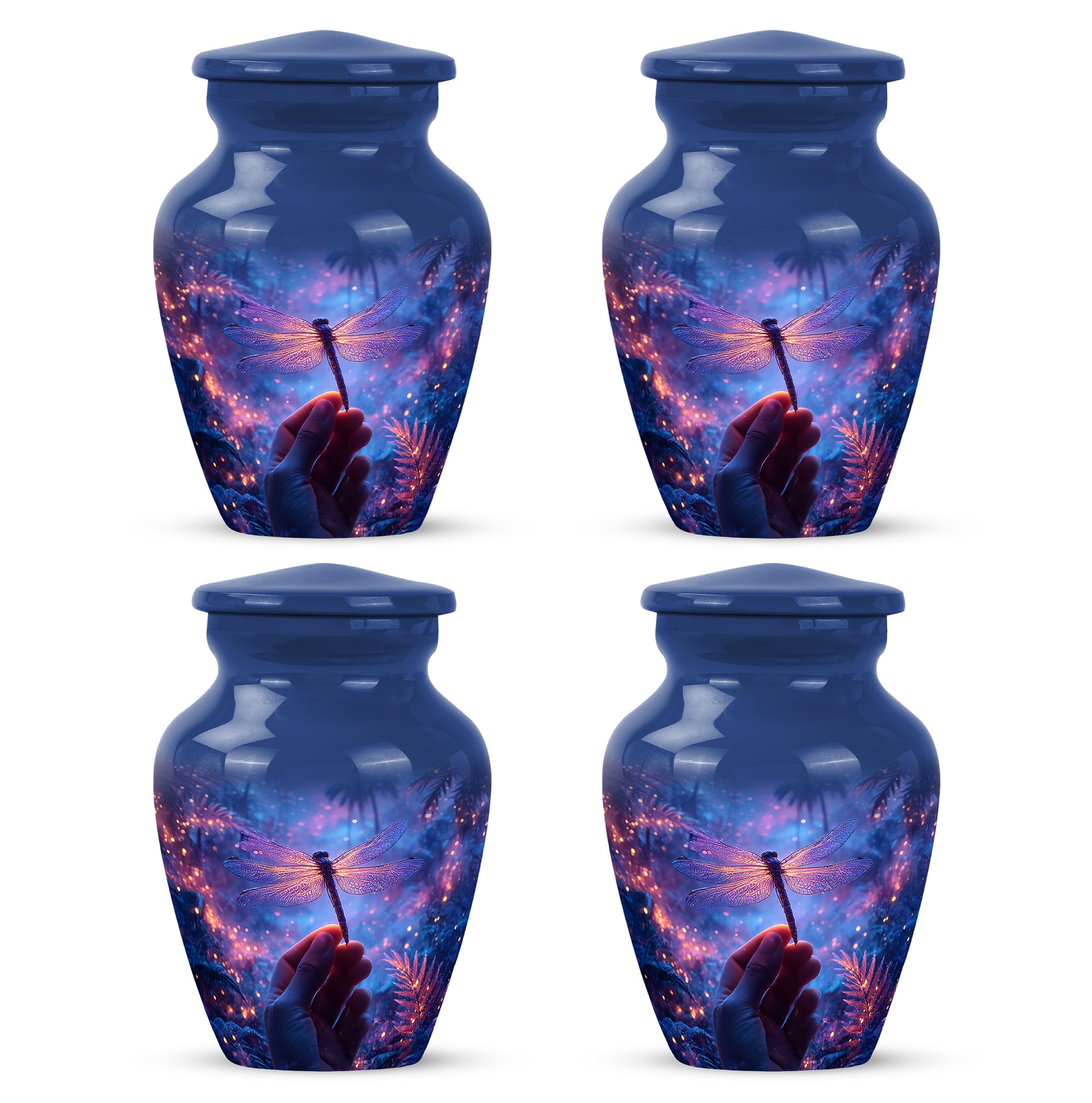 Cobalt Blue Dragonfly Cremation Urn side profile showing urn shape - traditional dragonfly engraving with hand-polished finish - 10 inch aluminum urn for cremated remains
