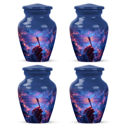Cobalt Blue Dragonfly Cremation Urn side profile showing urn shape - traditional dragonfly engraving with hand-polished finish - 10 inch aluminum urn for cremated remains