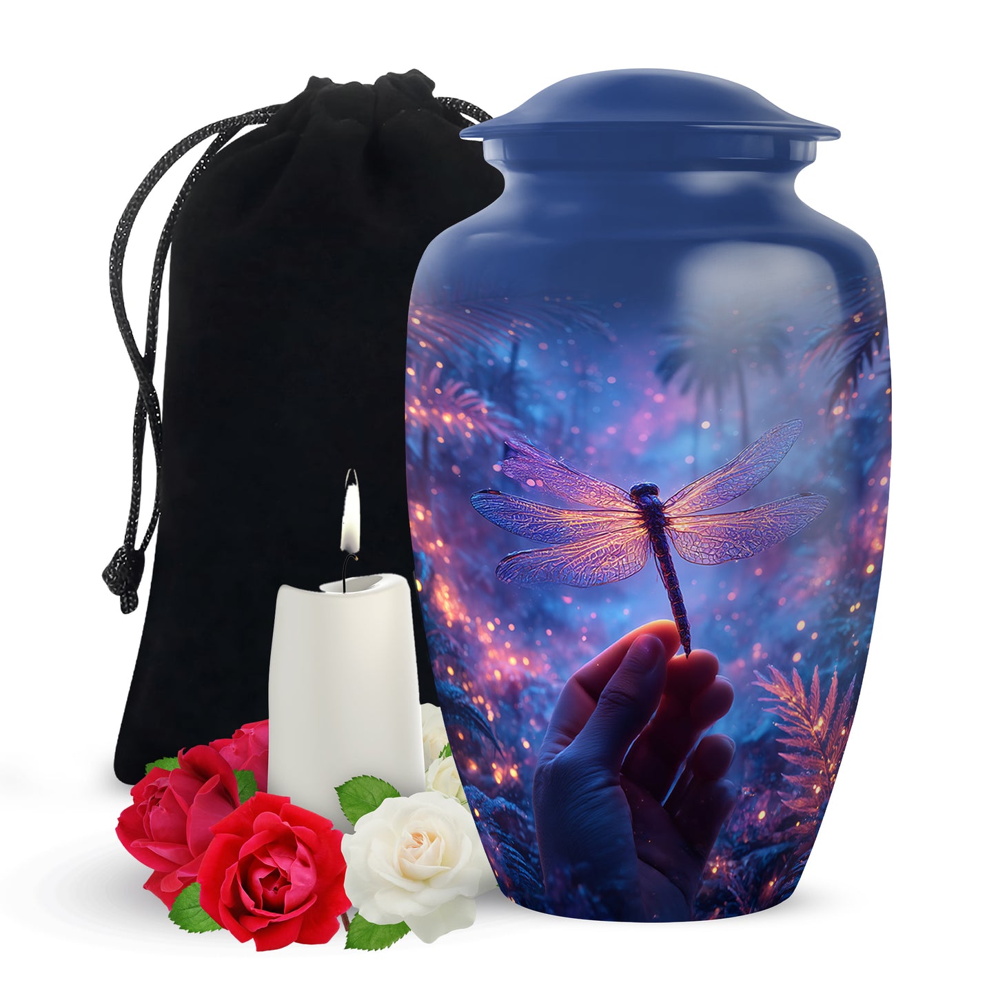 Pastel Blue Dragonfly Cremation Urn angled view of lid and engraved motif - classic sculpted dragonfly pattern on smooth aluminum - full-size 10 inch 200 cubic inch adult cremation urn