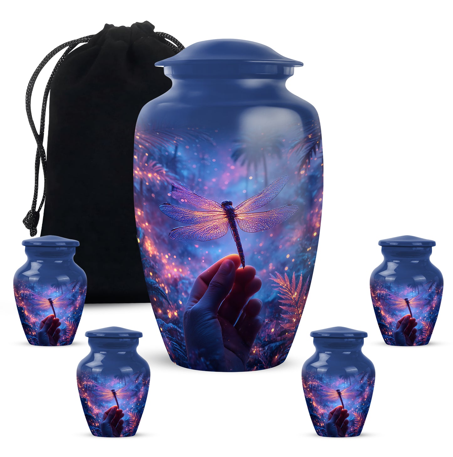 Bright Blue Dragonfly Cremation Urn top-down view of secure threaded lid - elegant classic dragonfly relief with fine detailing - memorial set with one large and four small urns
