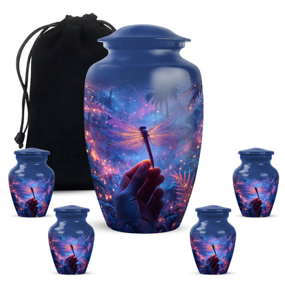 Bright Blue Dragonfly Cremation Urn top-down view of secure threaded lid - elegant classic dragonfly relief with fine detailing - memorial set with one large and four small urns
